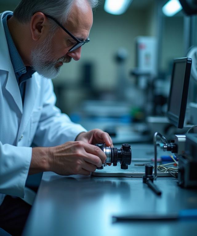 Dettaglio di un tecnico che assembla componenti ottici di precisione su un banco di lavoro pulito.