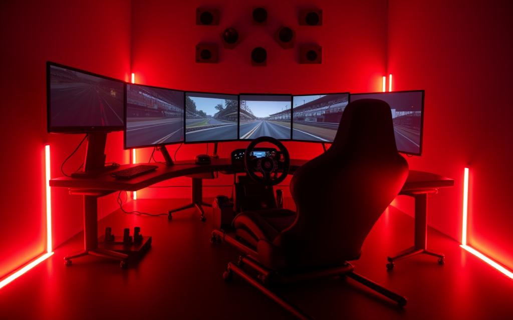 Un simulatore di guida avanzato con tre monitor, avvolto da strisce LED che brillano di rosso.