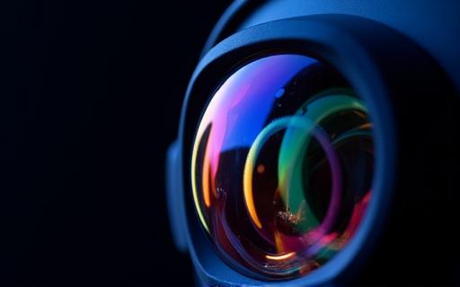 Primo piano di una lente per visore VR con riflessi colorati.