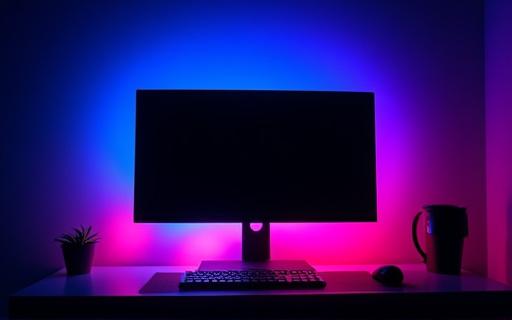 Installazione di illuminazione LED RGB personalizzata dietro un monitor da gaming.