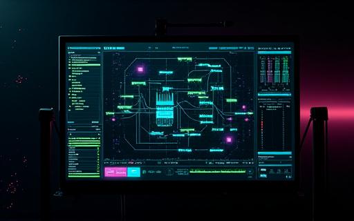 Interfaccia software con nodi e linee che collegano effetti visivi.